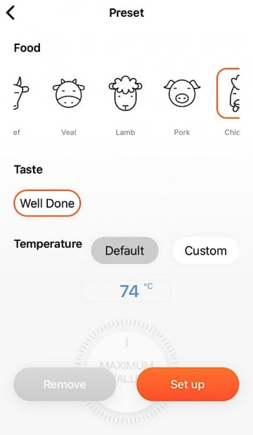 Über die App kann das Fleisch und der Gargrad ausgewählt werden. Die App gibt dann die Kerntemperatur vor.